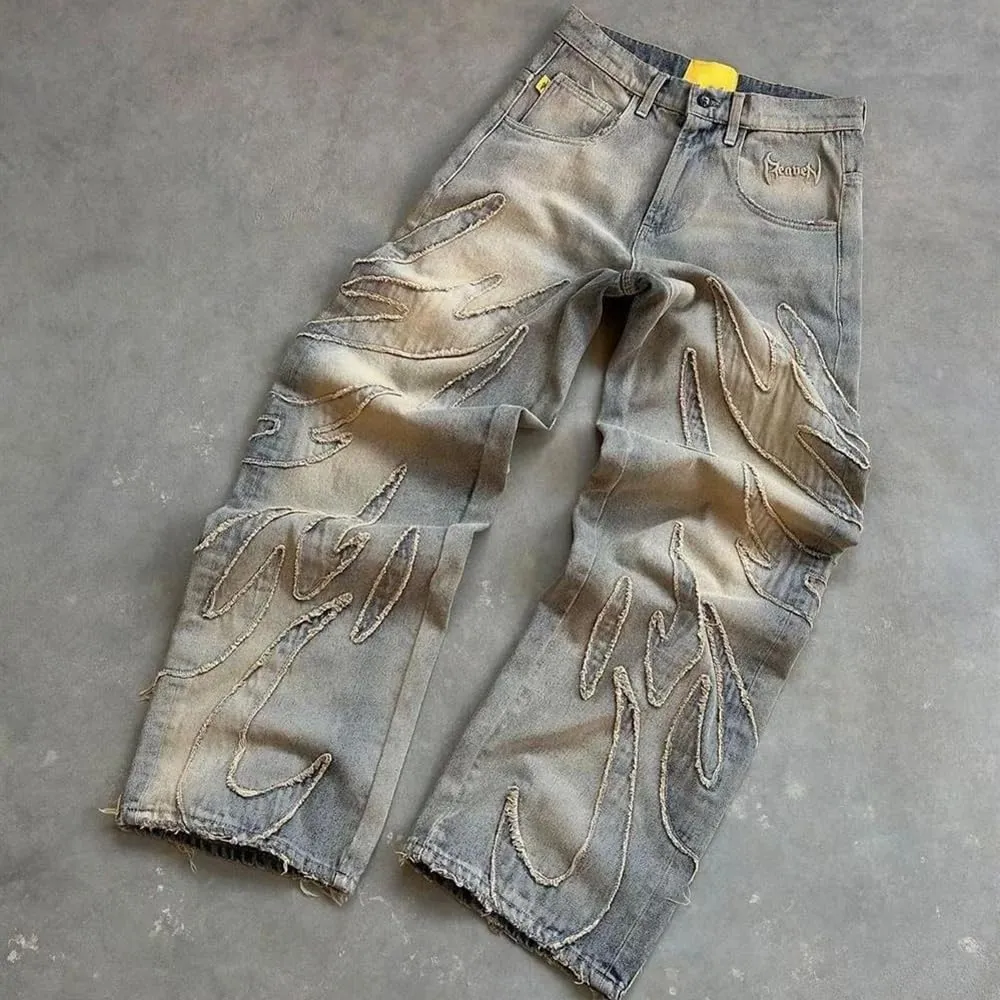 Men's Loose Casual Pants American y2k Retro Harajuku Style bat Pattern Embroidered Jeans Fashionable Streetwear