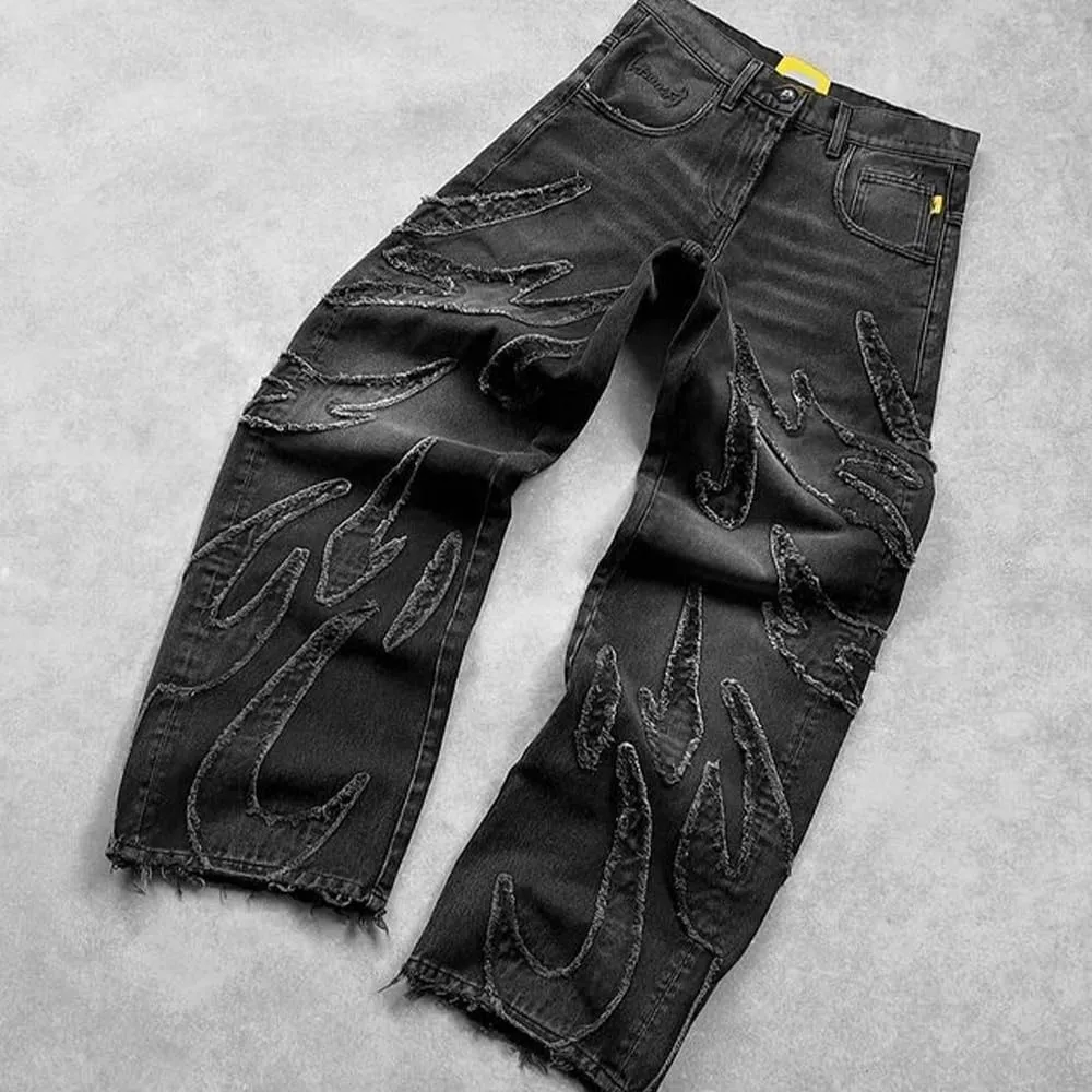 Men's Loose Casual Pants American y2k Retro Harajuku Style bat Pattern Embroidered Jeans Fashionable Streetwear