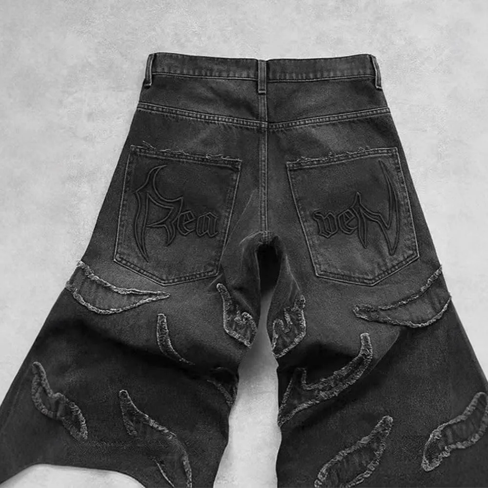 Men's Loose Casual Pants American y2k Retro Harajuku Style bat Pattern Embroidered Jeans Fashionable Streetwear