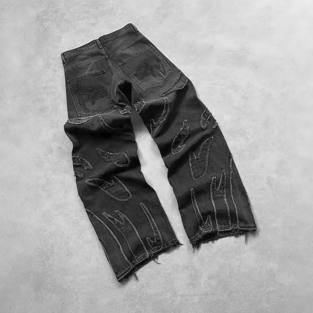 Men's Loose Casual Pants American y2k Retro Harajuku Style bat Pattern Embroidered Jeans Fashionable Streetwear