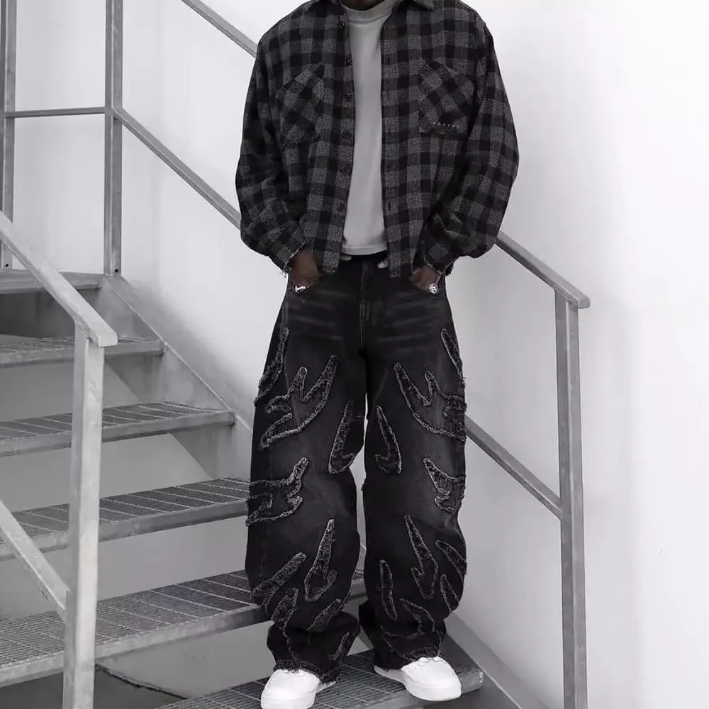 Men's Loose Casual Pants American y2k Retro Harajuku Style bat Pattern Embroidered Jeans Fashionable Streetwear