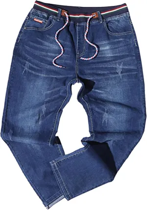 Mens Plus Size Relaxed Jeans Casual Elastic Waistband Baggy Denim Trousers Rugged Drawstring Loose Workwear Pants