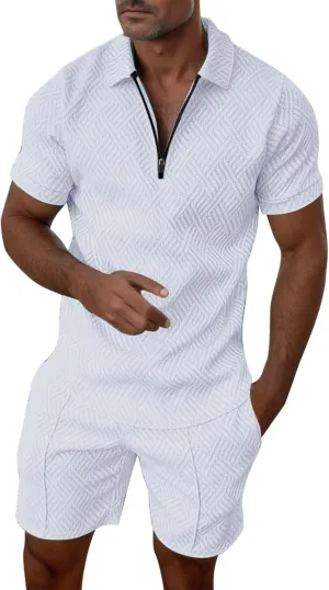 Men's Polo Shirt & Shorts Set, 2 Piece Solid Color Basic Outfits Fashion Summer Tracksuits Short Sleeve Casual Polo Suit