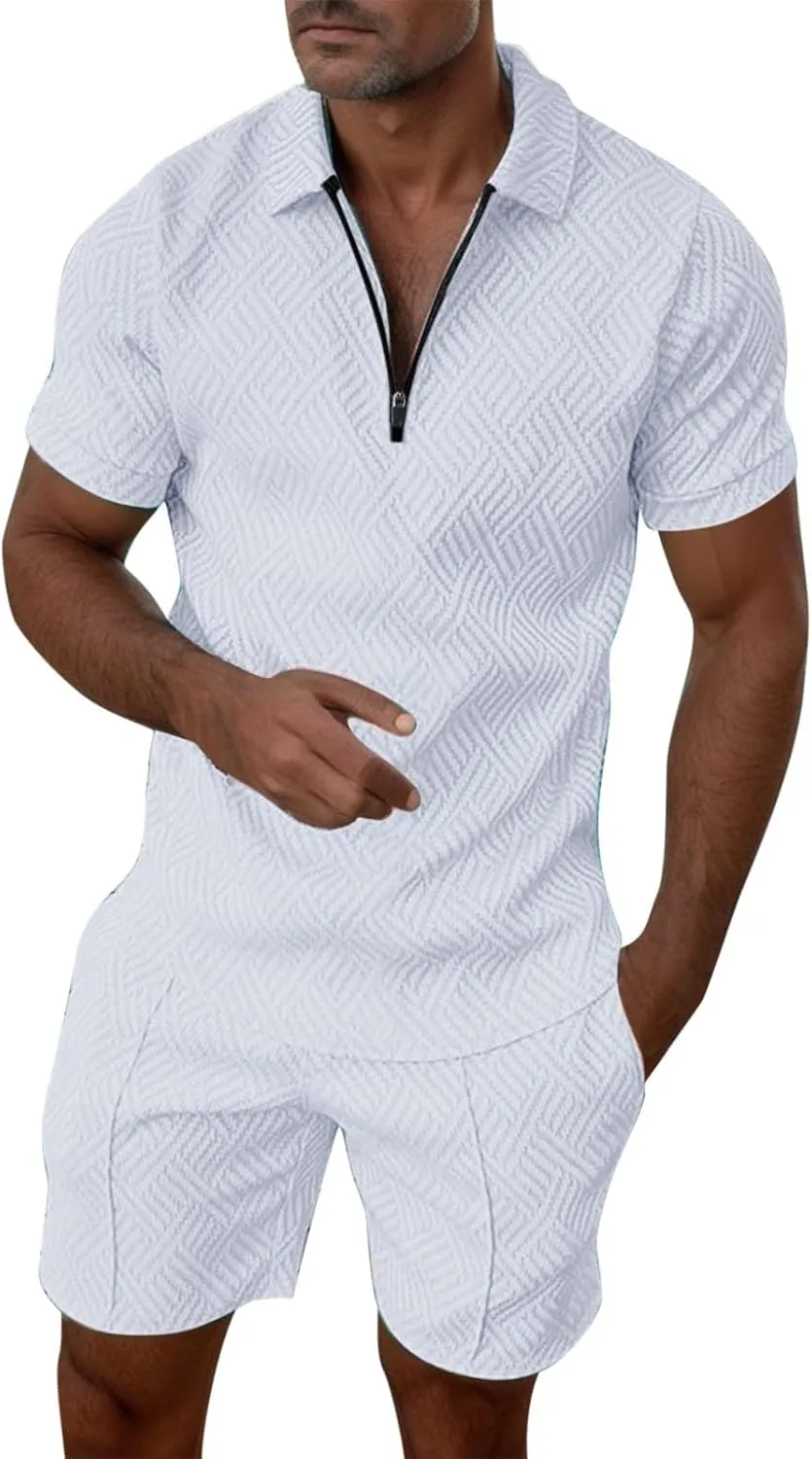 Men's Polo Shirt & Shorts Set, 2 Piece Solid Color Basic Outfits Fashion Summer Tracksuits Short Sleeve Casual Polo Suit