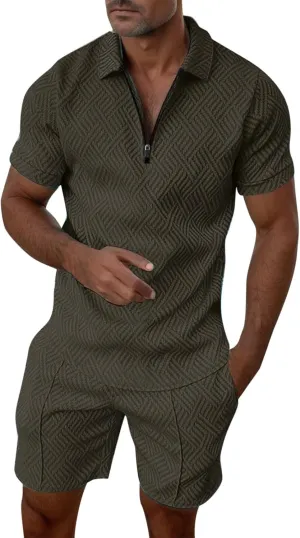 Men's Polo Shirt & Shorts Set, 2 Piece Solid Color Basic Outfits Fashion Summer Tracksuits Short Sleeve Casual Polo Suit