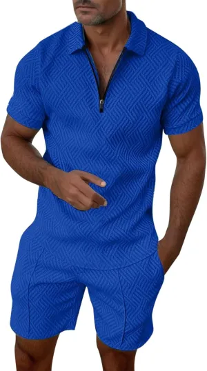 Men's Polo Shirt & Shorts Set, 2 Piece Solid Color Basic Outfits Fashion Summer Tracksuits Short Sleeve Casual Polo Suit