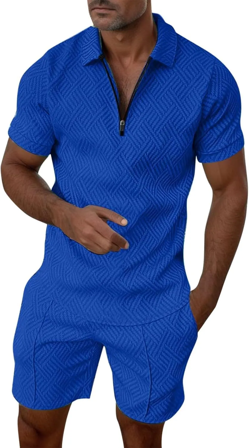 Men's Polo Shirt & Shorts Set, 2 Piece Solid Color Basic Outfits Fashion Summer Tracksuits Short Sleeve Casual Polo Suit