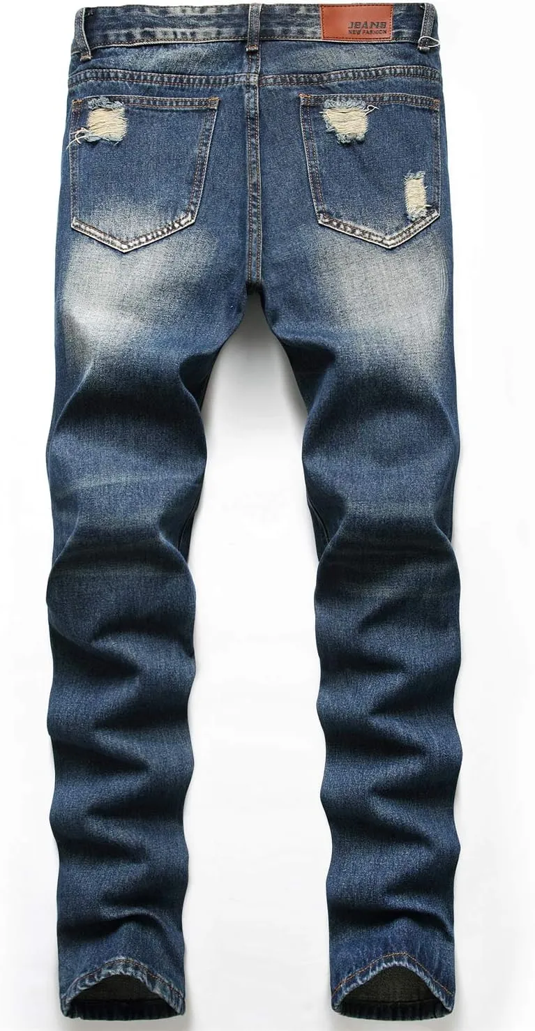Men's Ripped Distressed Destroyed Straight Fit Washed Denim Jeans Pants