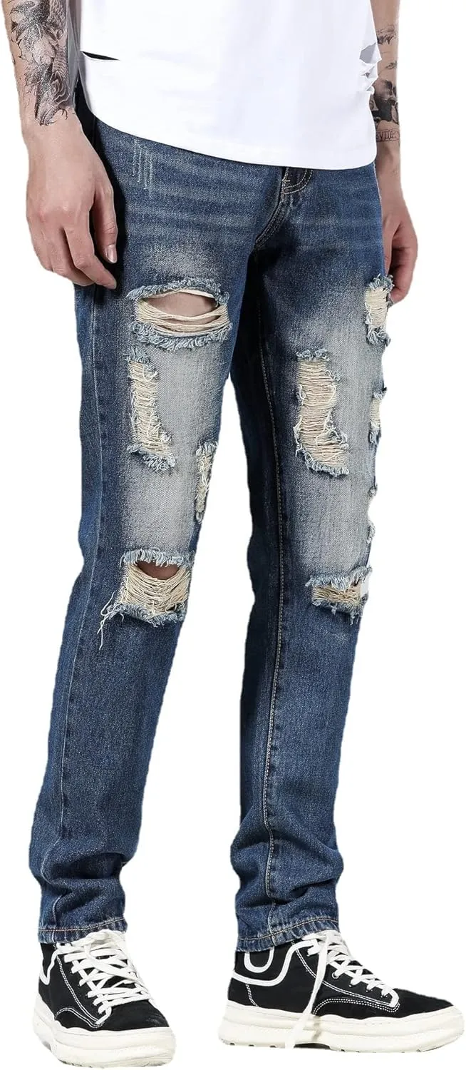 Men's Ripped Distressed Destroyed Straight Fit Washed Denim Jeans Pants