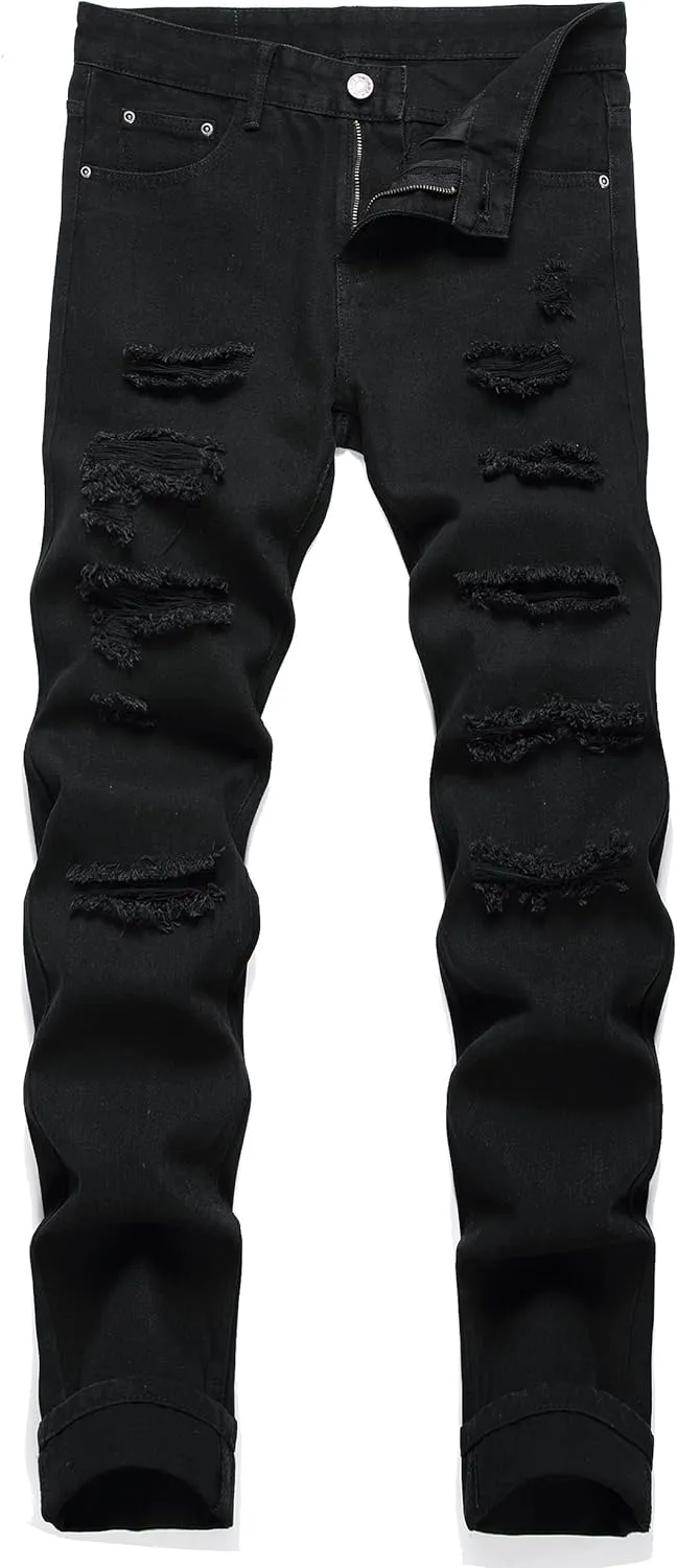 Men's Ripped Distressed Destroyed Straight Fit Washed Denim Jeans Pants