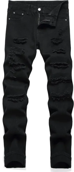 Men's Ripped Distressed Destroyed Straight Fit Washed Denim Jeans Pants