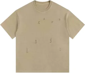 Mens Ripped T-Shirt Casual Fashion Vintage Short Sleeve Crew Neck Tees Tops Summer Solid Streetwear Oversized Tees