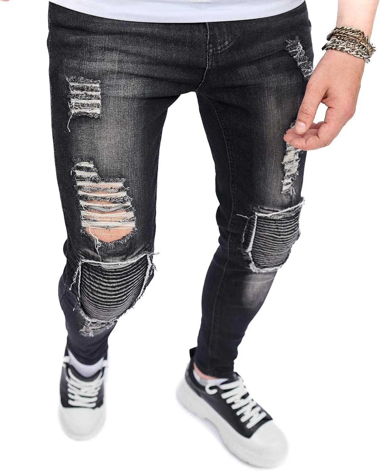 Men's Slim Fit Stretch Jeans Ripped Skinny Jeans for Men, Distressed Straight Leg Streetwear Comfort Male Pants