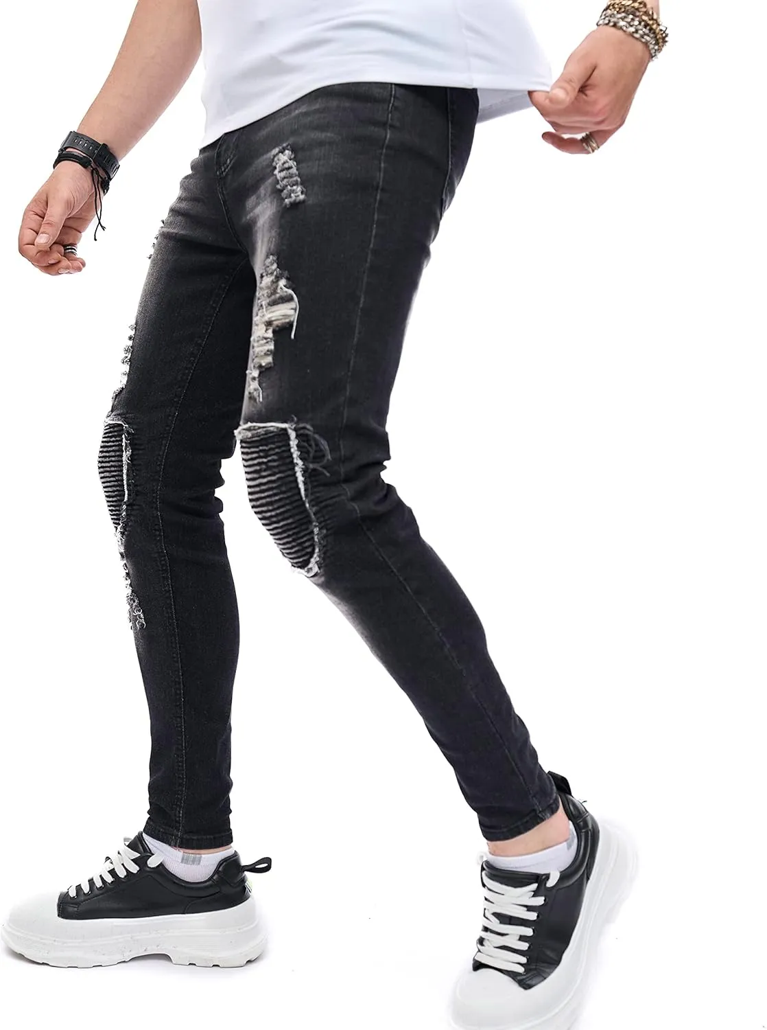 Men's Slim Fit Stretch Jeans Ripped Skinny Jeans for Men, Distressed Straight Leg Streetwear Comfort Male Pants