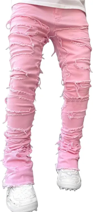 Mens Stacked Jeans Y2k Slim Fit Skinny Ripped Jeans Distressed Destroyed Denim Pants Emo Hip Hop Jeans