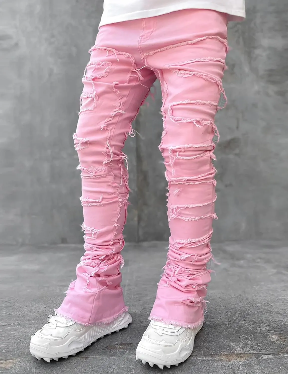 Mens Stacked Jeans Y2k Slim Fit Skinny Ripped Jeans Distressed Destroyed Denim Pants Emo Hip Hop Jeans