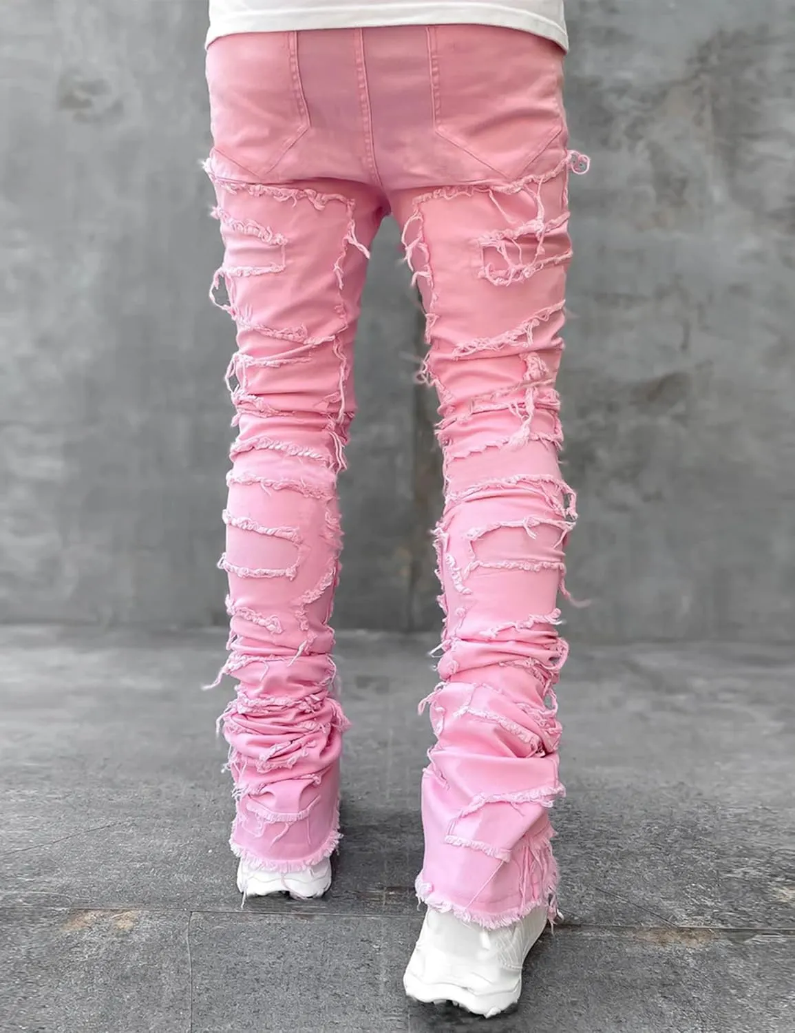 Mens Stacked Jeans Y2k Slim Fit Skinny Ripped Jeans Distressed Destroyed Denim Pants Emo Hip Hop Jeans