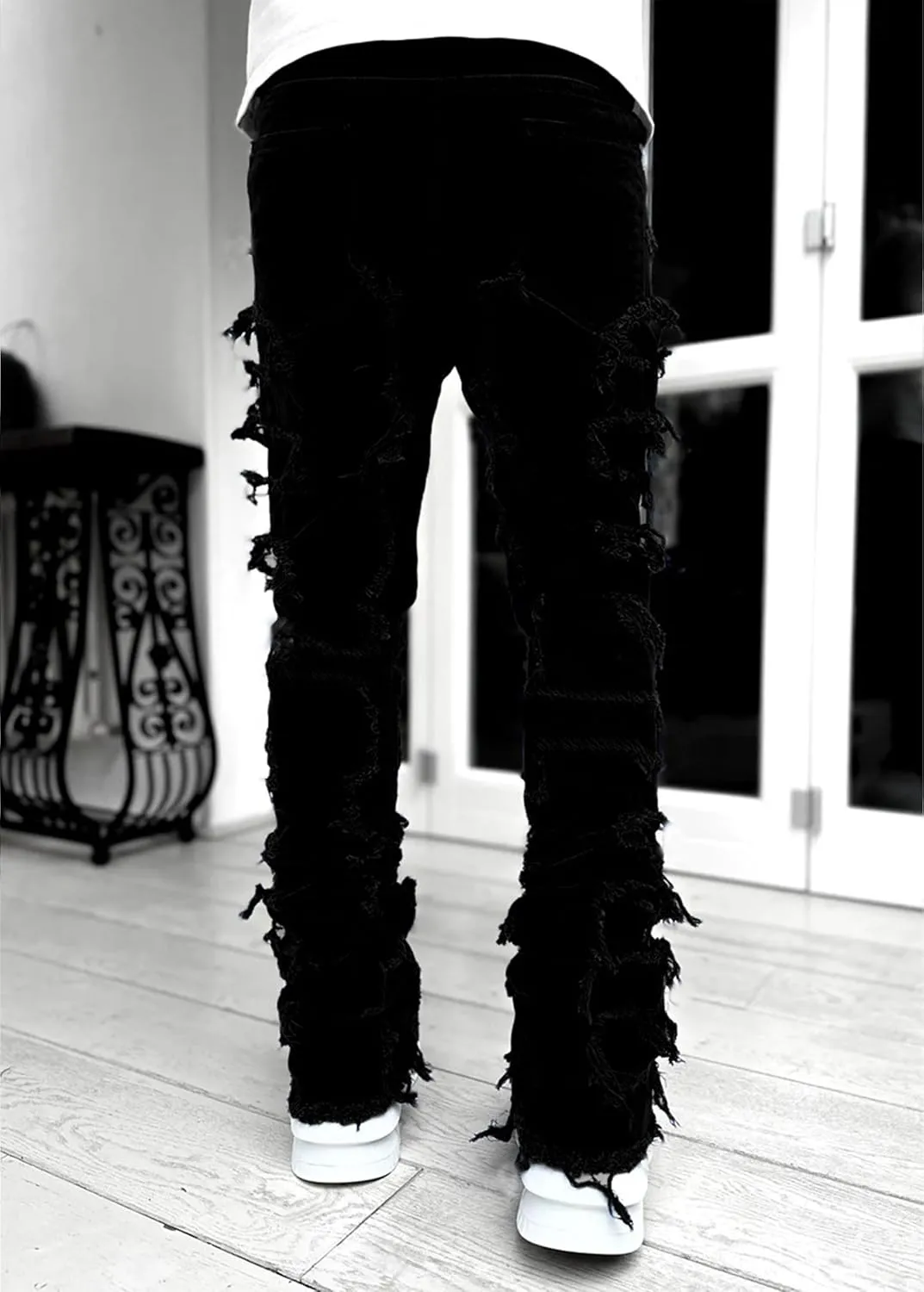 Mens Stacked Jeans Y2k Slim Fit Skinny Ripped Jeans Distressed Destroyed Denim Pants Emo Hip Hop Jeans