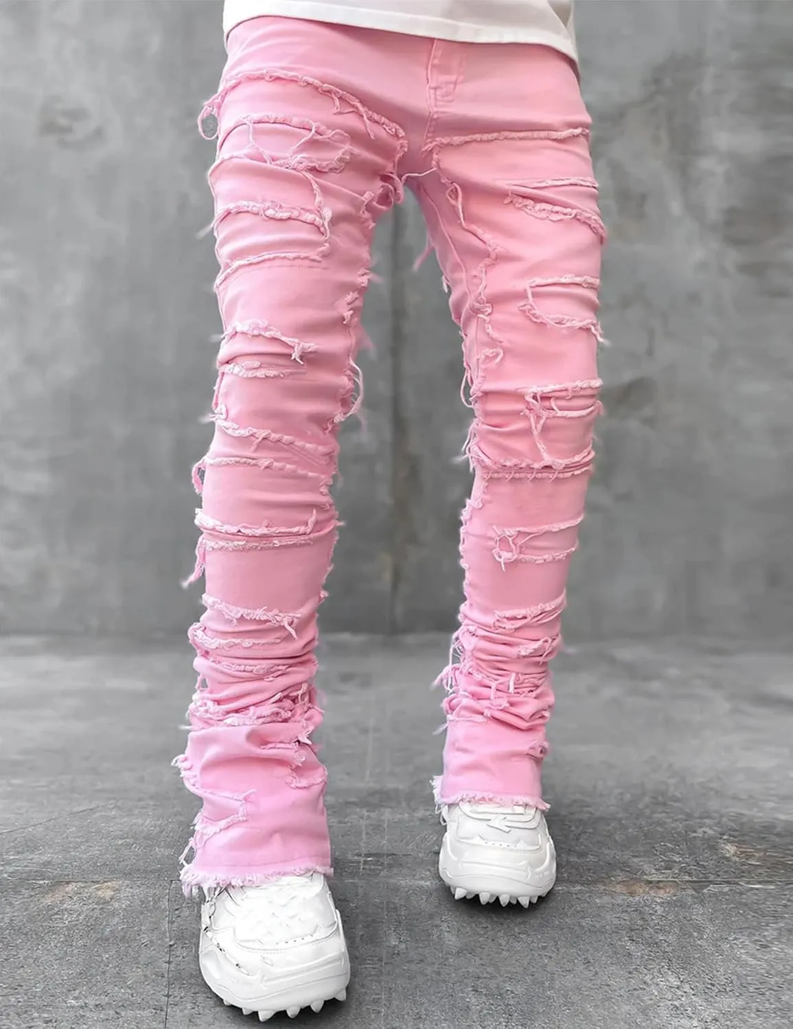 Mens Stacked Jeans Y2k Slim Fit Skinny Ripped Jeans Distressed Destroyed Denim Pants Emo Hip Hop Jeans