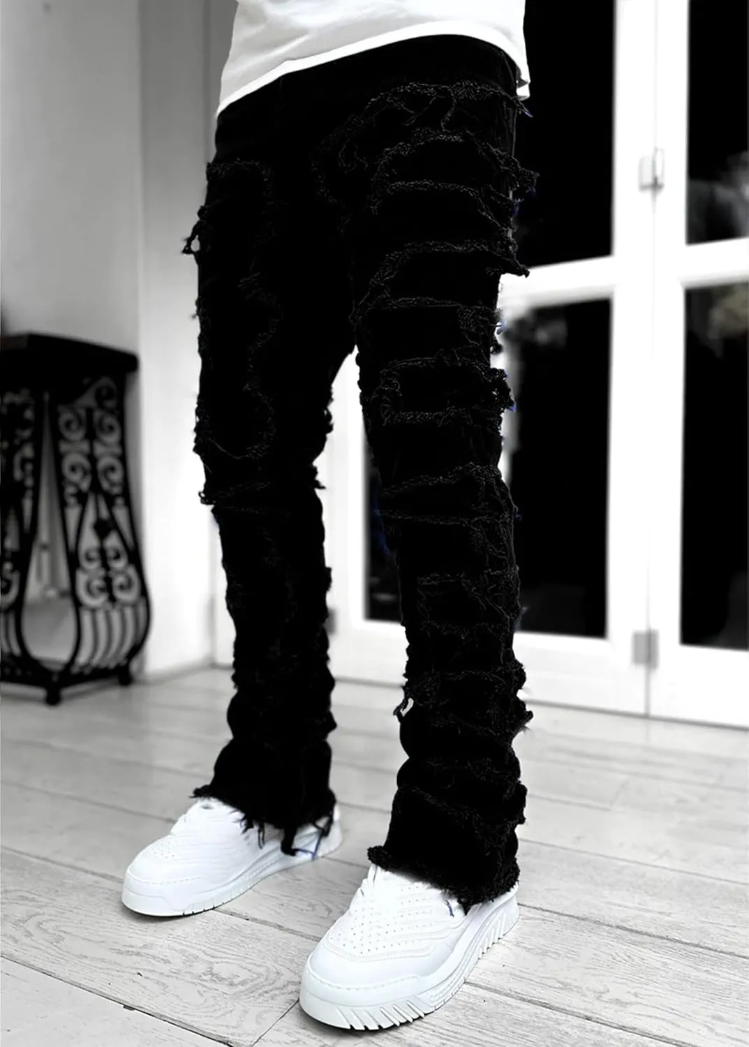 Mens Stacked Jeans Y2k Slim Fit Skinny Ripped Jeans Distressed Destroyed Denim Pants Emo Hip Hop Jeans