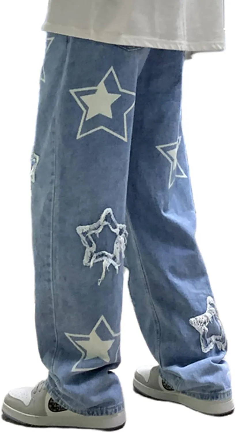 Men's Streetwear Jeans Y2K Hip Hop Jeans Casual High Waisted Wide Leg Baggy Embroidery Harajuku Denim Pants