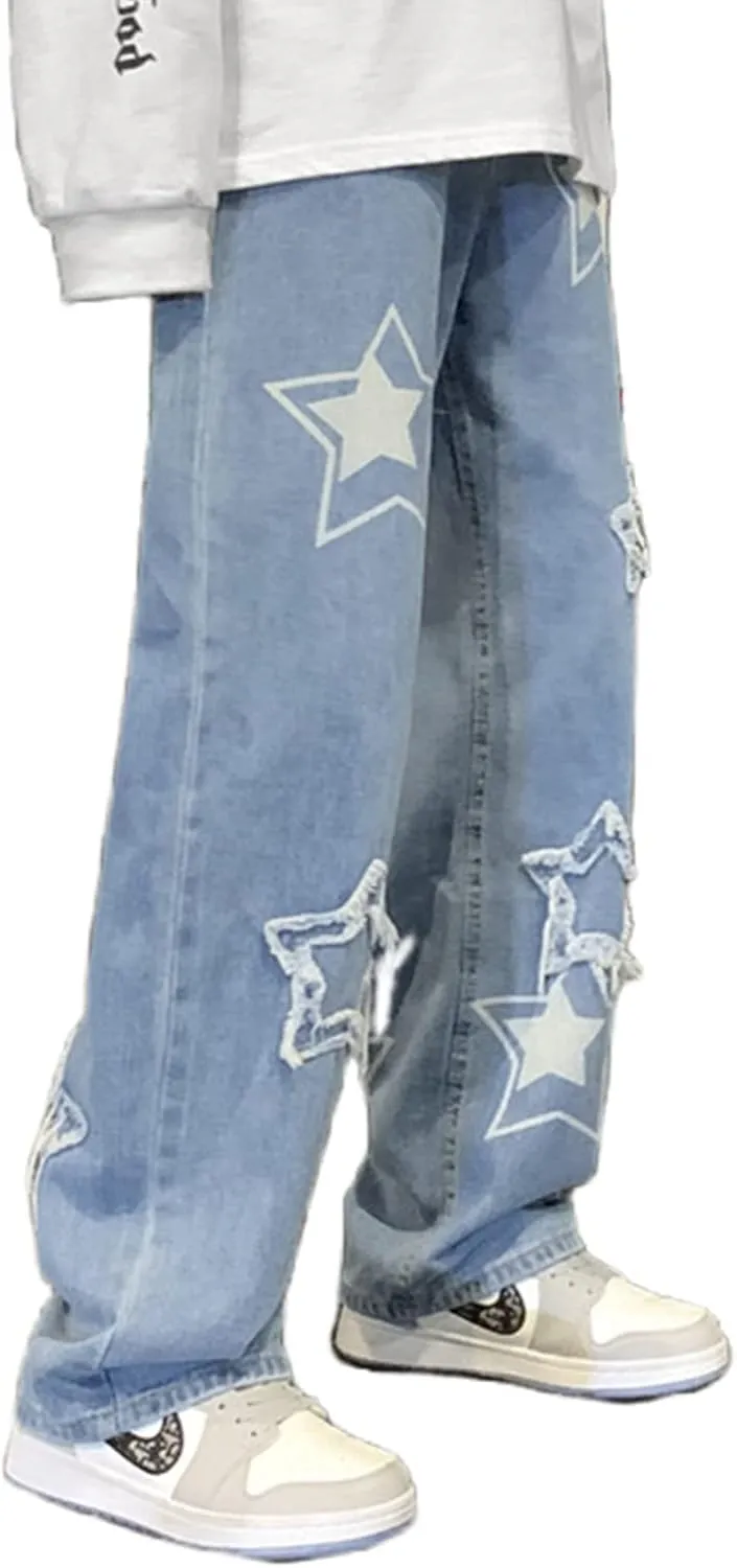 Men's Streetwear Jeans Y2K Hip Hop Jeans Casual High Waisted Wide Leg Baggy Embroidery Harajuku Denim Pants