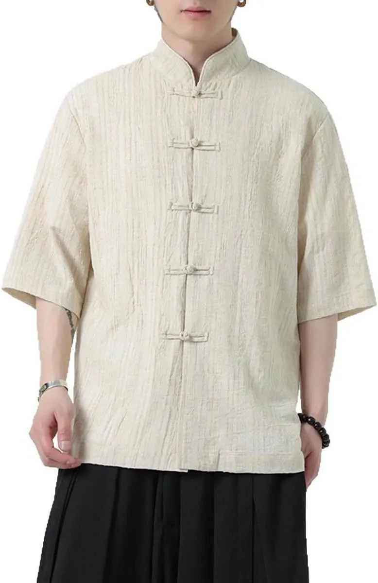 Men's Summer Lightweight Chinese Style Tang Suit Stripe Linen Short Sleeve Shirt Lay Buddhist Style