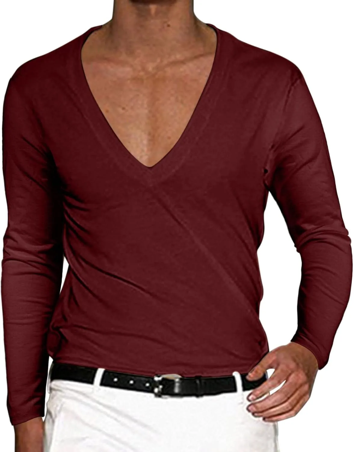 Men's Summer Shirts Long Sleeve Solid Color V Neck Blouse Solid Color Leisure Style Sport Pants Fresh Trendy Tee