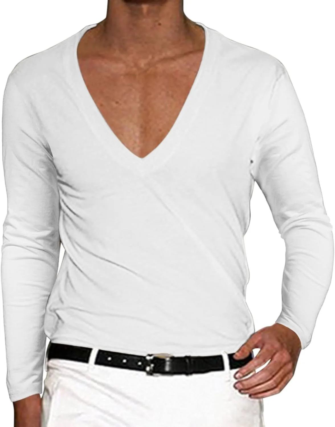 Men's Summer Shirts Long Sleeve Solid Color V Neck Blouse Solid Color Leisure Style Sport Pants Fresh Trendy Tee
