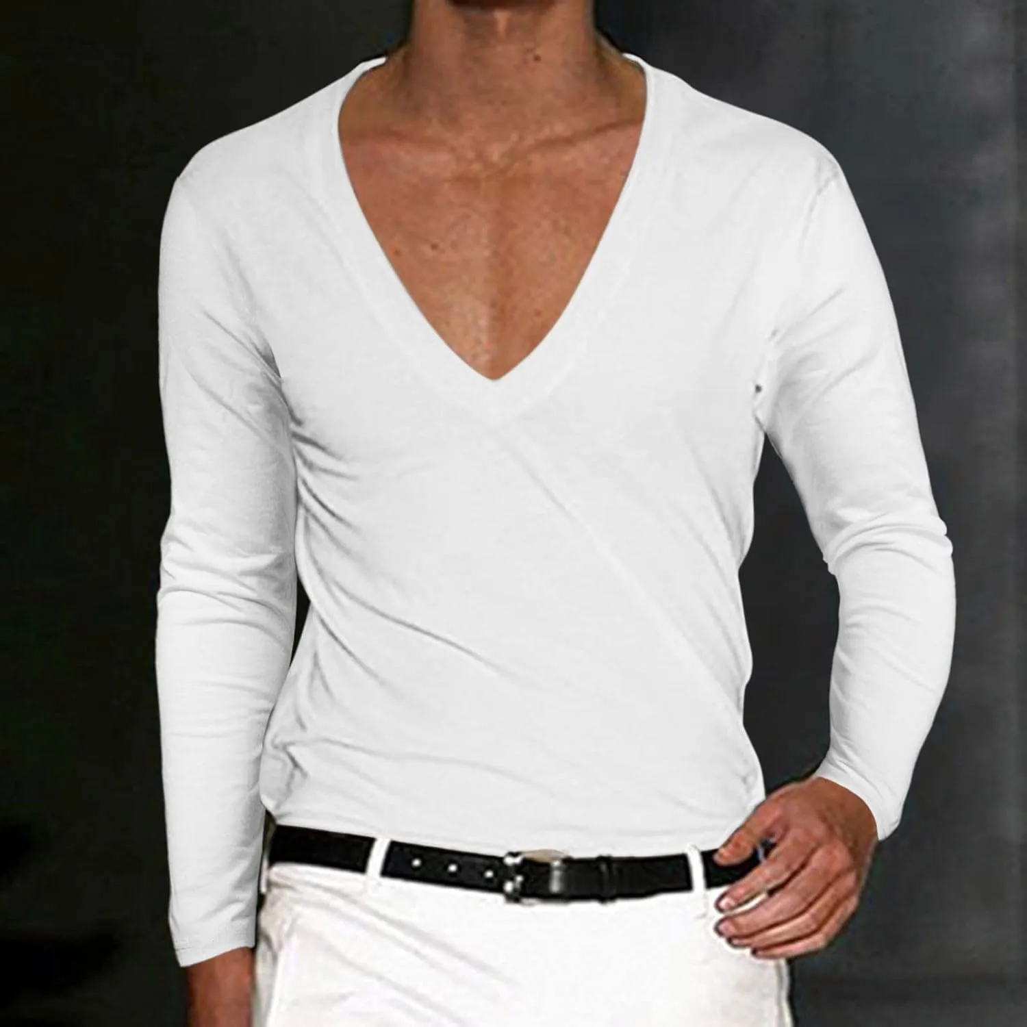 Men's Summer Shirts Long Sleeve Solid Color V Neck Blouse Solid Color Leisure Style Sport Pants Fresh Trendy Tee