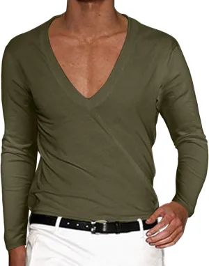 Men's Summer Shirts Long Sleeve Solid Color V Neck Blouse Solid Color Leisure Style Sport Pants Fresh Trendy Tee