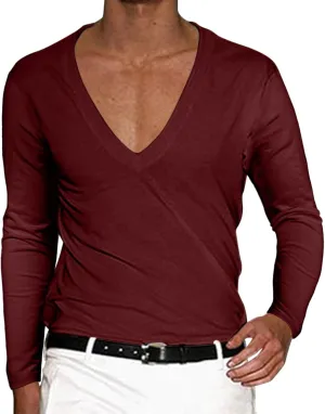 Men's Summer Shirts Long Sleeve Solid Color V Neck Blouse Solid Color Leisure Style Sport Pants Fresh Trendy Tee