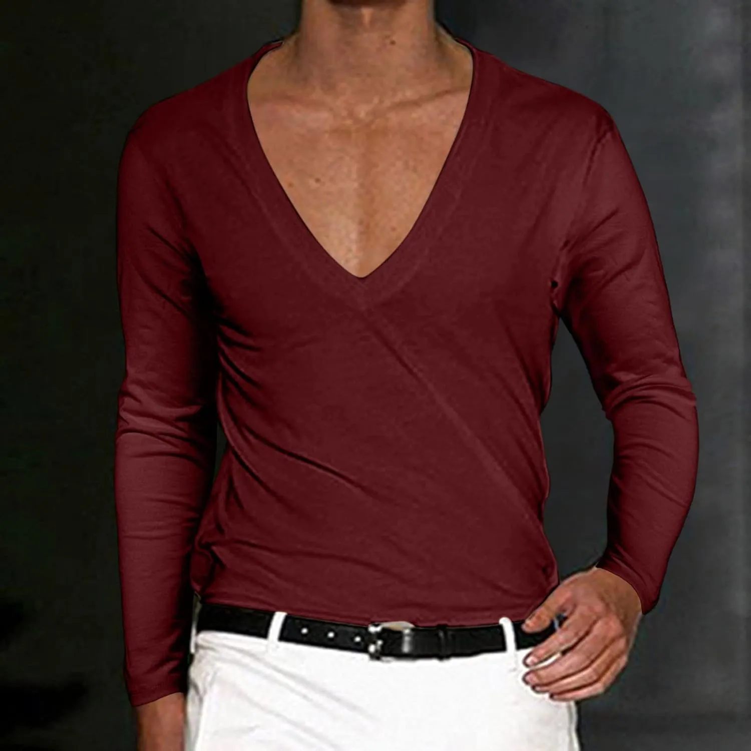 Men's Summer Shirts Long Sleeve Solid Color V Neck Blouse Solid Color Leisure Style Sport Pants Fresh Trendy Tee
