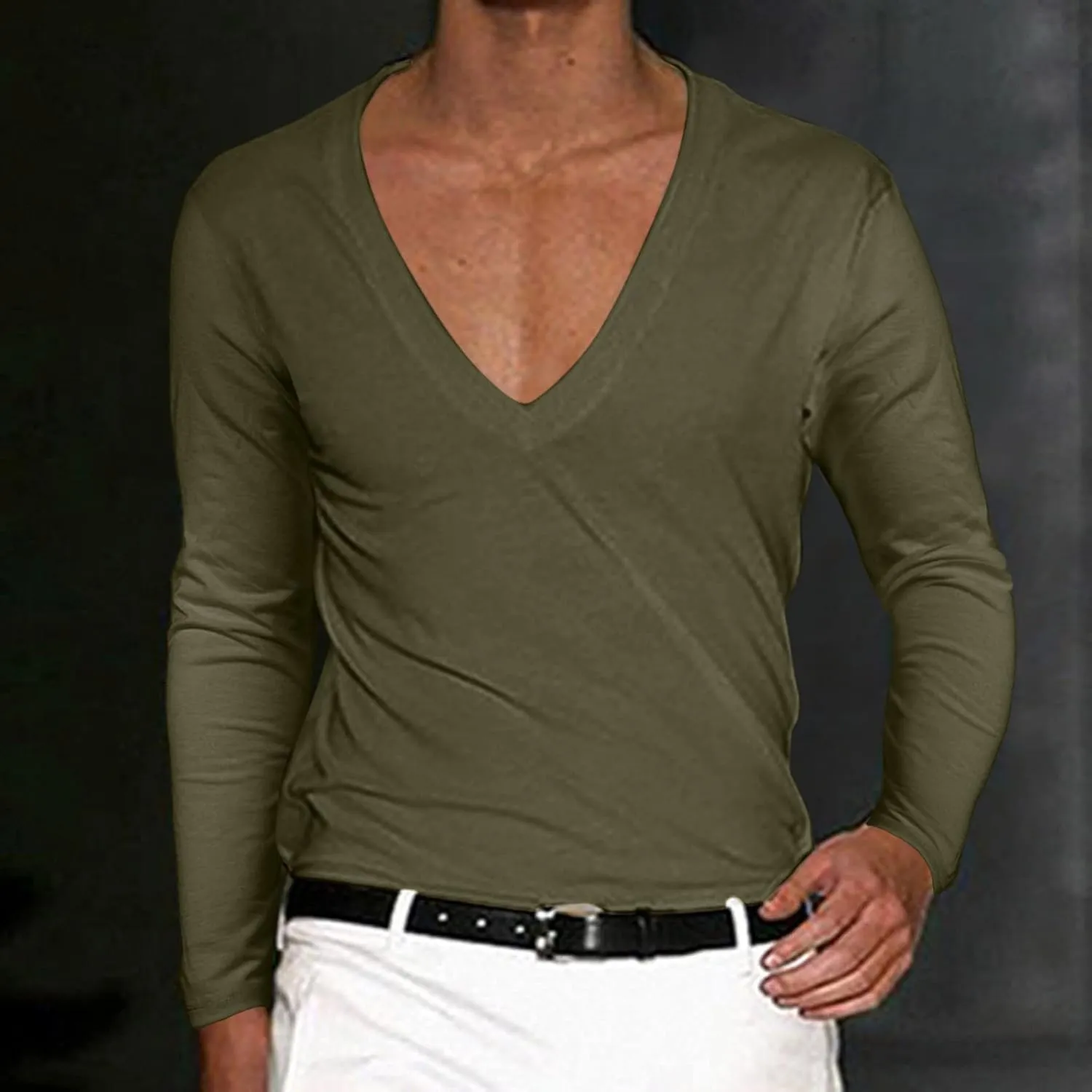 Men's Summer Shirts Long Sleeve Solid Color V Neck Blouse Solid Color Leisure Style Sport Pants Fresh Trendy Tee