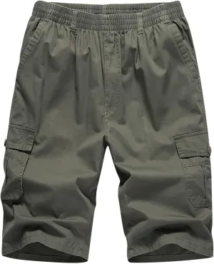 Mens Summer Shorts Loose Fit Cotton Elastic Waist Multi Pockets Cargo Shorts Fashion Outdoor Solid Beach Shorts