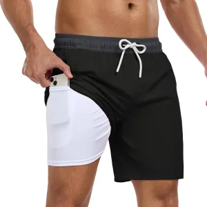Mens Swim Trunks with Compression Liner 7 Inch Swim Shorts 2 in 1 Quick Dry Board Shorts Beach Wear