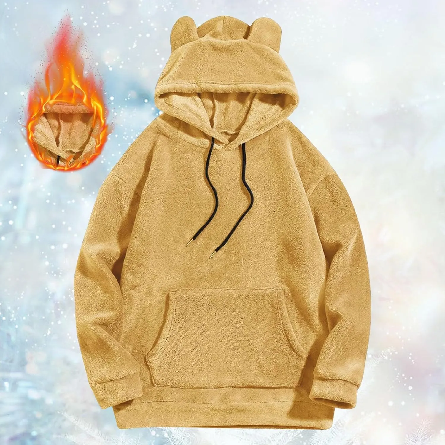 Men's Teddy Bear Ear Hoodies Pullover Oversized Long Sleeve Fuzzy Fleece Hooded Sweatshirts Soft Warm Plush Homewear