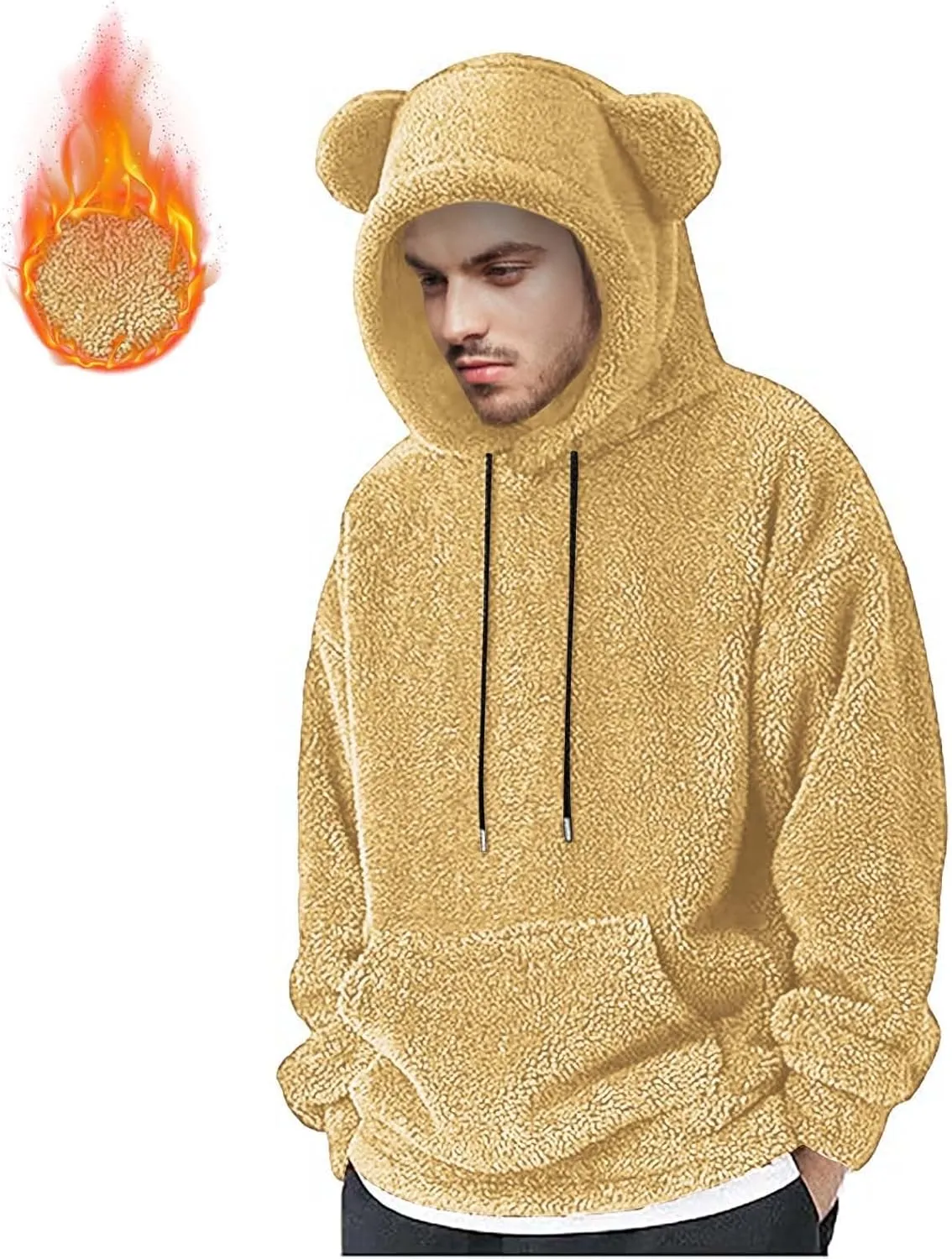 Men's Teddy Bear Ear Hoodies Pullover Oversized Long Sleeve Fuzzy Fleece Hooded Sweatshirts Soft Warm Plush Homewear