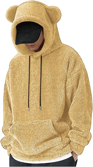 Men's Teddy Bear Ear Hoodies Pullover Oversized Long Sleeve Fuzzy Fleece Hooded Sweatshirts Soft Warm Plush Homewear