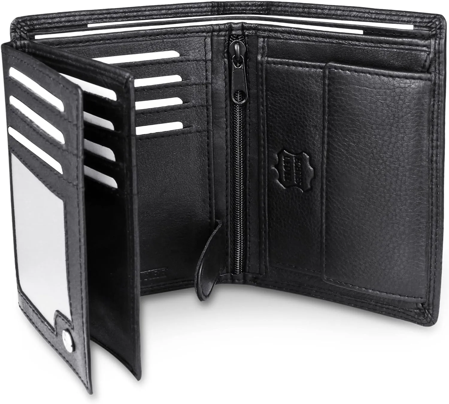 Men's Trifold Nappa Leather Wallet, 15 Card Slots, RFID Protection, Portrait Format, Black