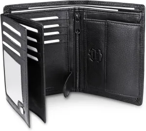 Men's Trifold Nappa Leather Wallet, 15 Card Slots, RFID Protection, Portrait Format, Black