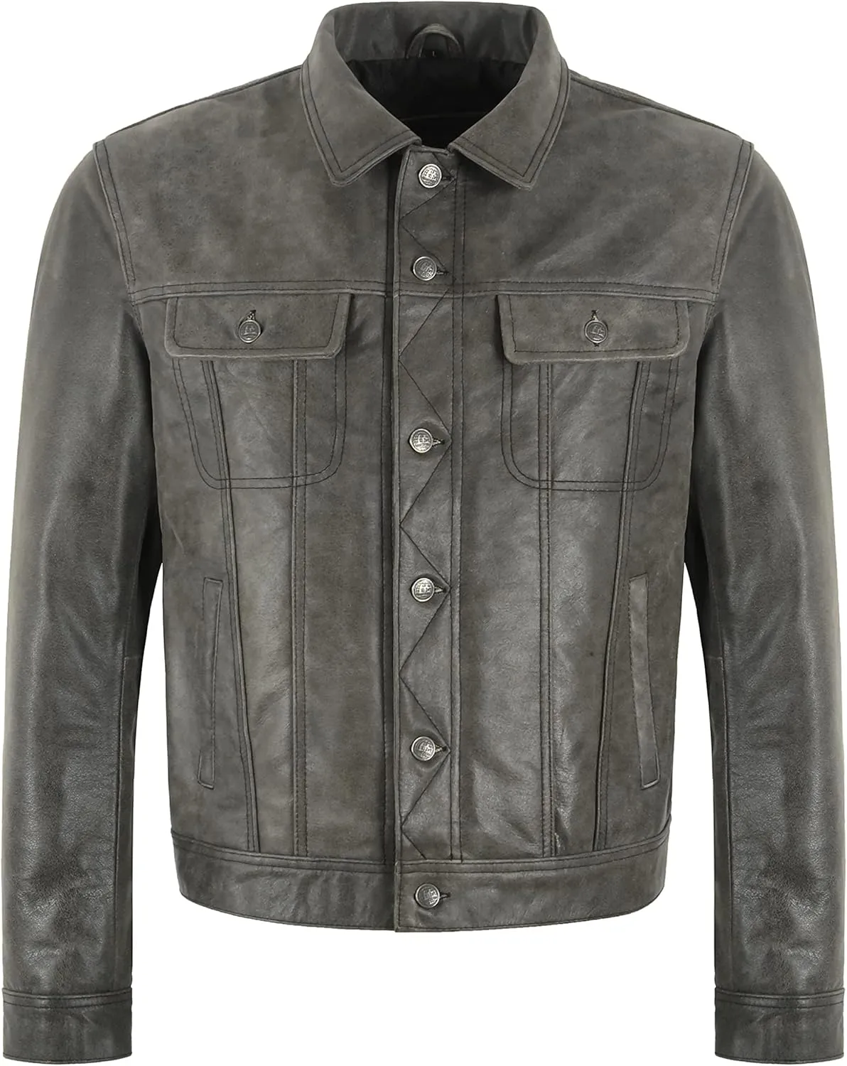 Men's Trucker Distressed Leather Jacket Western Classic Shirt Style Vintage Denim Look Jacket 1280