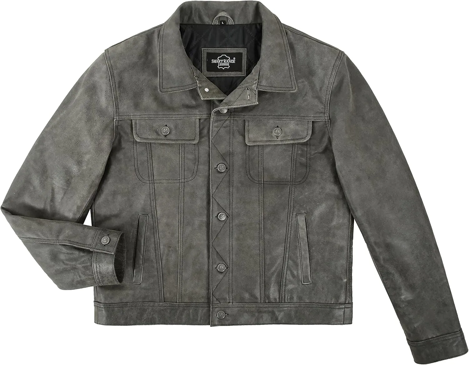 Men's Trucker Distressed Leather Jacket Western Classic Shirt Style Vintage Denim Look Jacket 1280