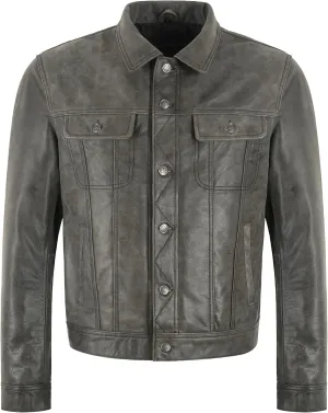 Men's Trucker Distressed Leather Jacket Western Classic Shirt Style Vintage Denim Look Jacket 1280