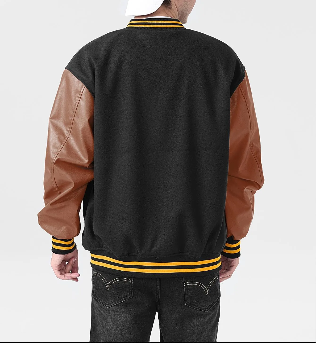 Mens Varsity Baseball Jacket Long Leather Sleeves Lightweight Bomber Style Casual Streetwear Coat Ribbed Collar