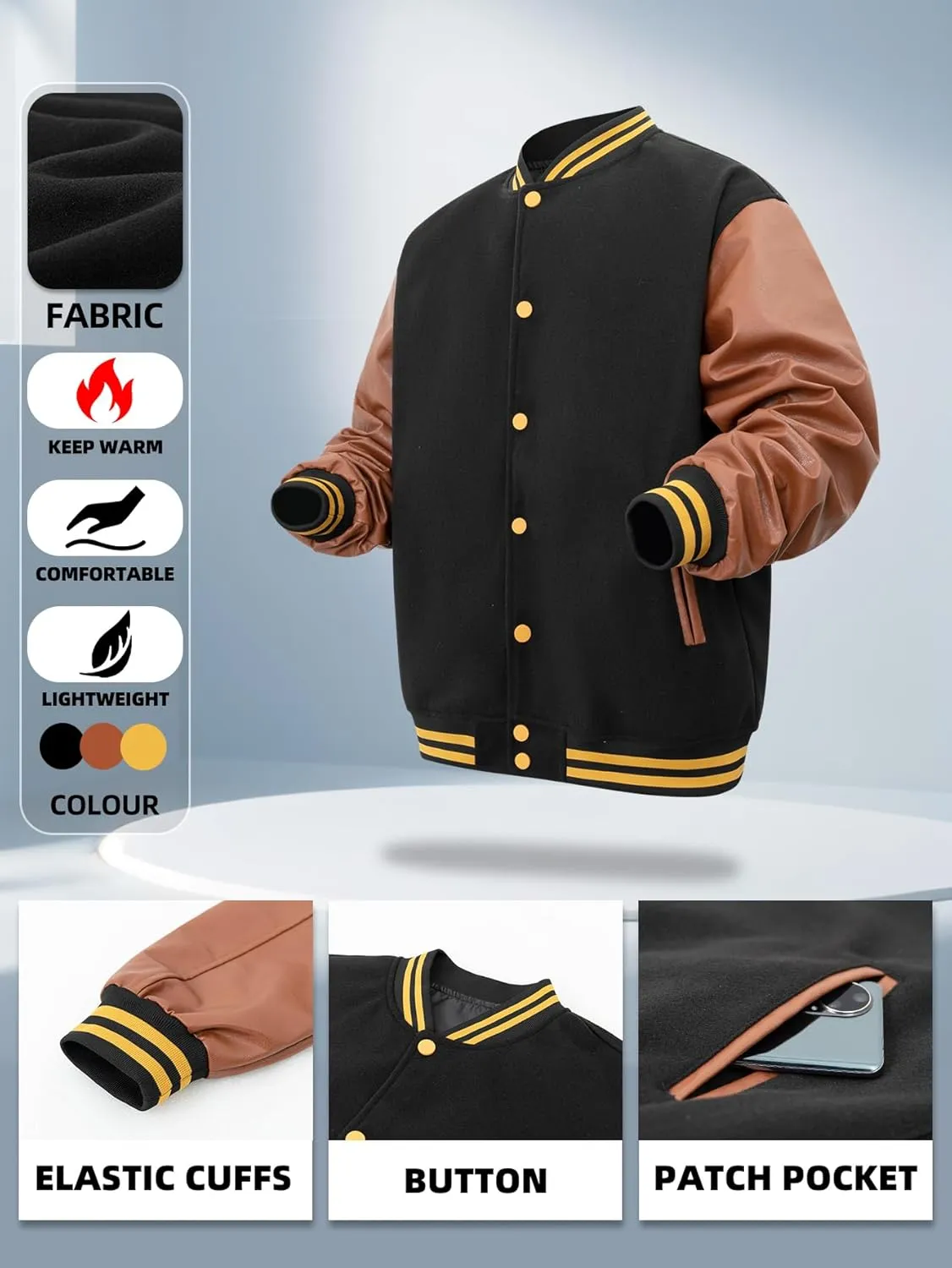 Mens Varsity Baseball Jacket Long Leather Sleeves Lightweight Bomber Style Casual Streetwear Coat Ribbed Collar