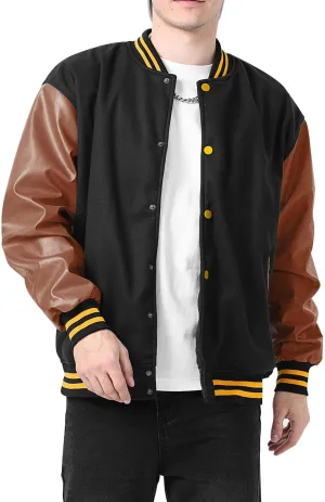 Mens Varsity Baseball Jacket Long Leather Sleeves Lightweight Bomber Style Casual Streetwear Coat Ribbed Collar