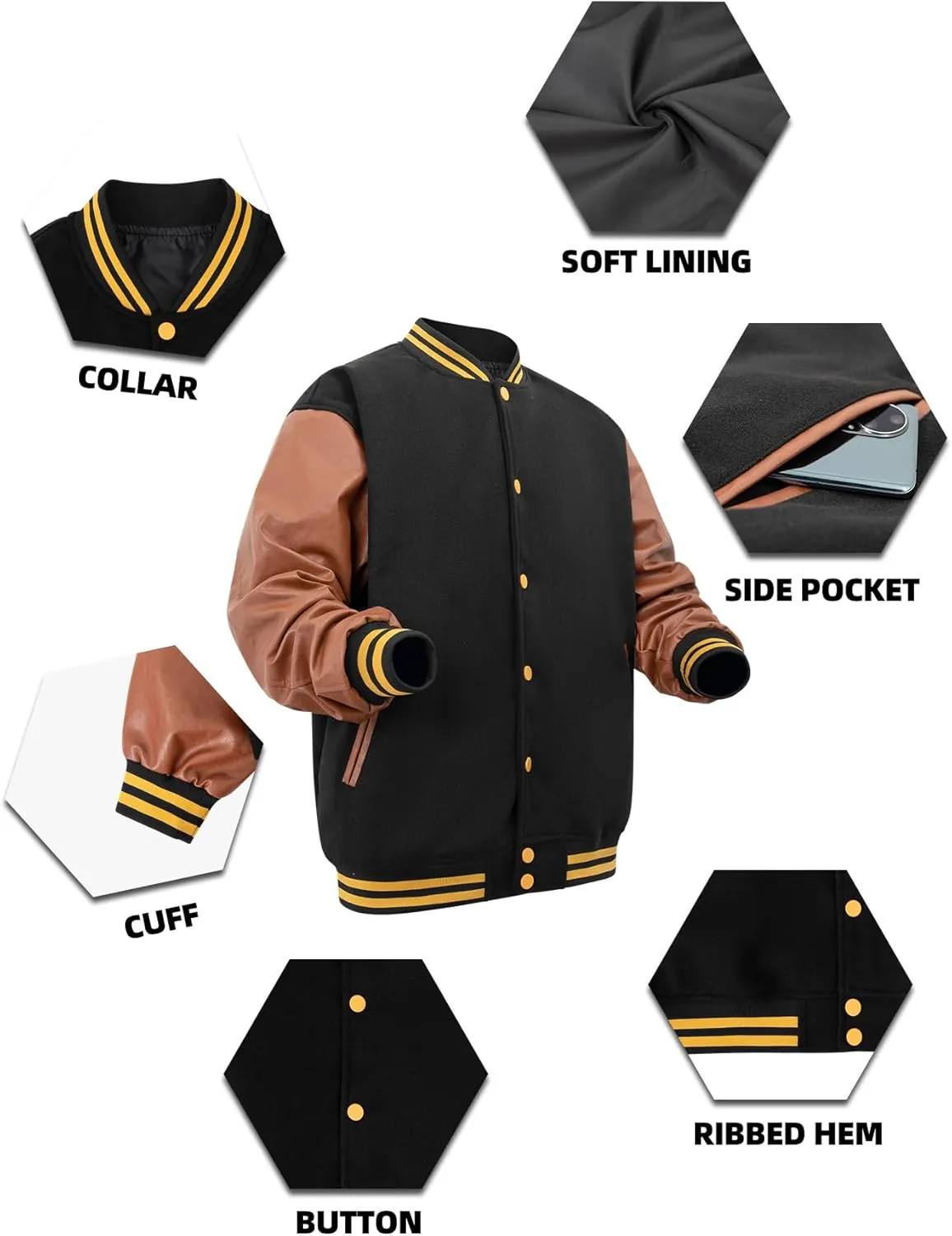 Mens Varsity Baseball Jacket Long Leather Sleeves Lightweight Bomber Style Casual Streetwear Coat Ribbed Collar