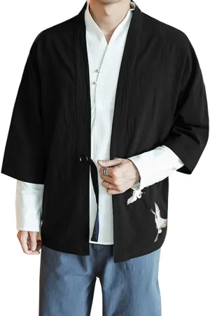 Men's Vintage Kimono Cardigan Cotton Linen Wrap Front Japanese Jinbei Haori Jacket Loose Fit Solid Color Hanfu Top Cover Up