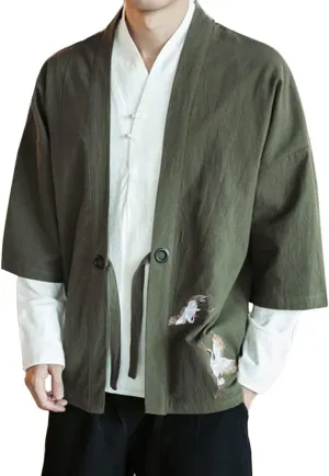 Men's Vintage Kimono Cardigan Cotton Linen Wrap Front Japanese Jinbei Haori Jacket Loose Fit Solid Color Hanfu Top Cover Up